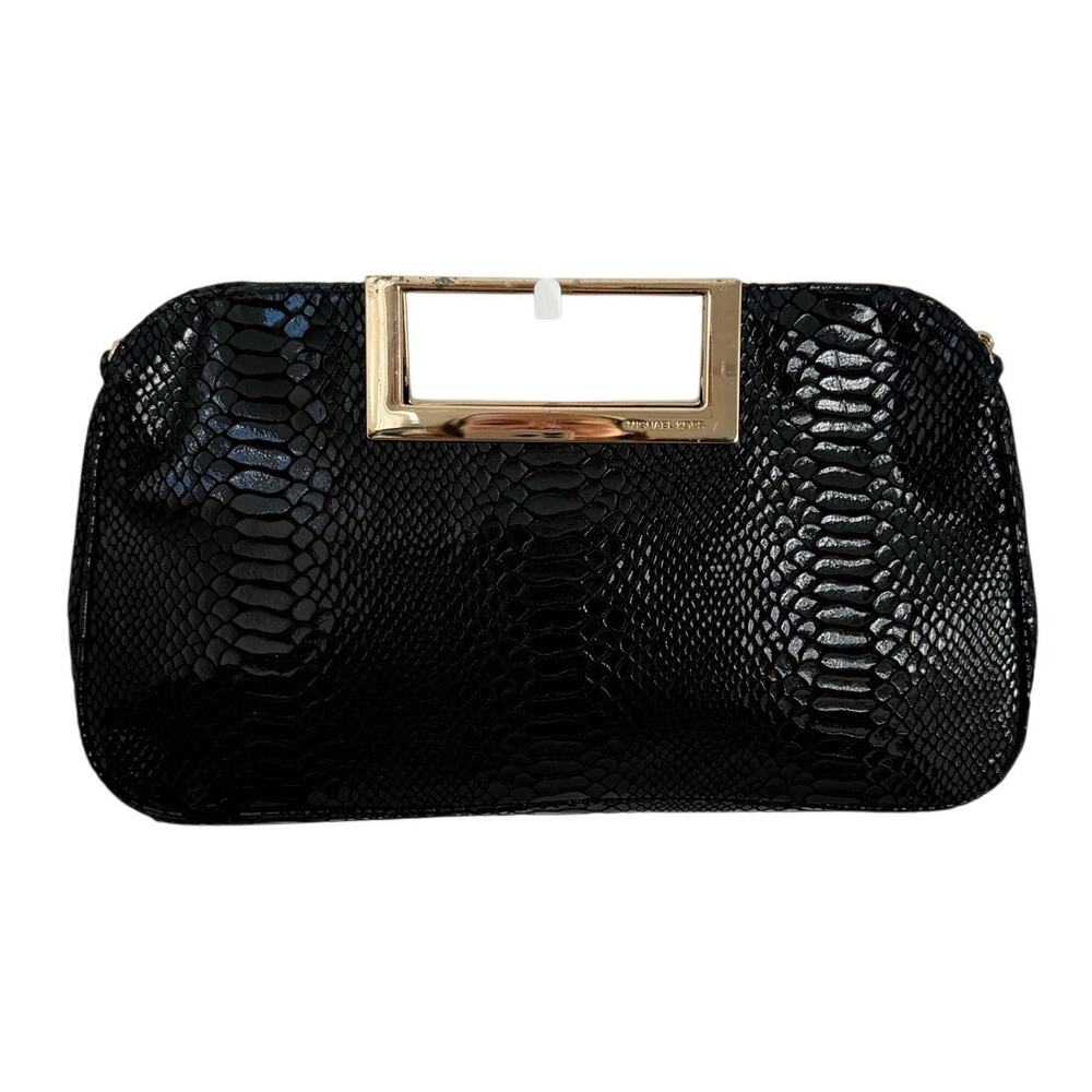 Michael Kors Black Snakeskin Embossed Clutch Shoulder Bag Gold